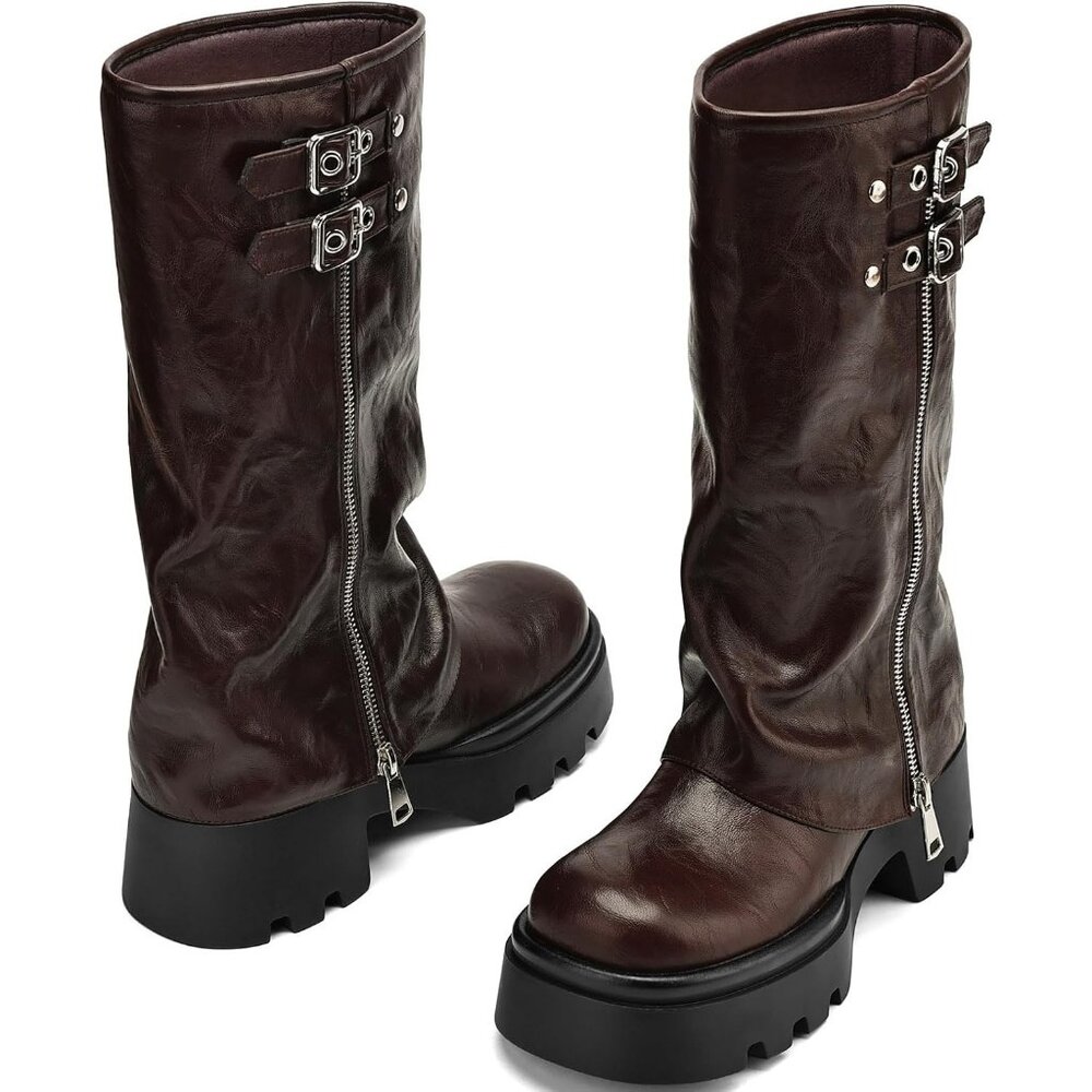 Women's Burgundy Chunky Slouchy Fold Wide Calf Fashion Buckle Knee High Boots - Picture 5 of 5